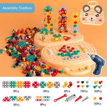 Children's assembly toolbox with building blocks and tools on an orange background