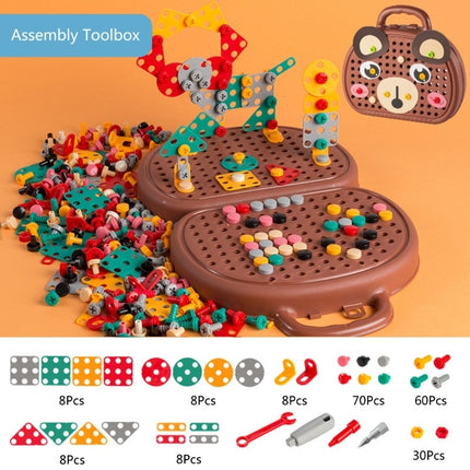Children's assembly toolbox with colorful building blocks and accessories on an orange background