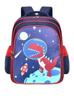 Children's backpack with dinosaur design on a pink background