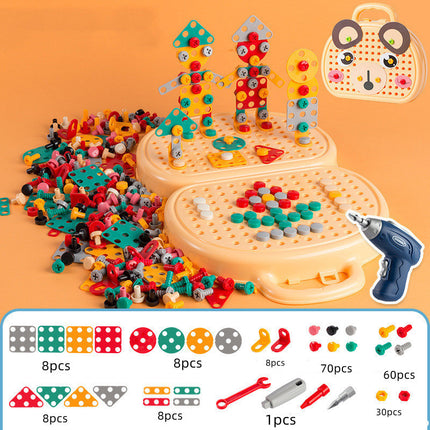 Children's building block set with colorful pieces and a pegboard on an orange background.