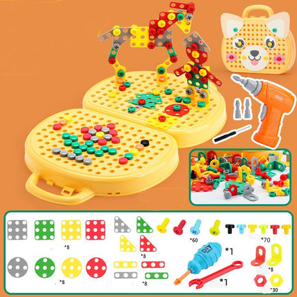 Children's building block set with tools and accessories on an orange background