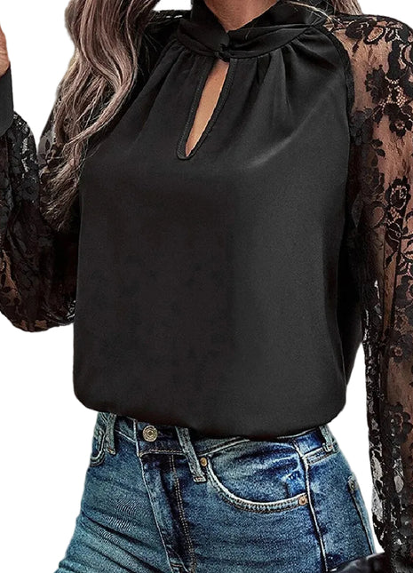 Classic black commuter blouse made from lightweight polyester fabric with feminine lace accents.