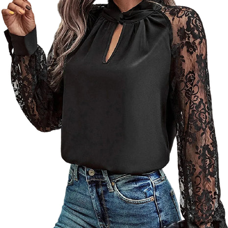 Classic black commuter blouse made from lightweight polyester fabric with feminine lace accents.