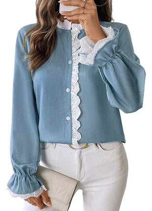 Classic blue blouse with a feminine lace collar, button-front closure, and refined stitching details.