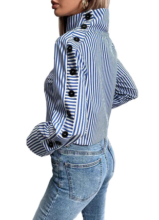 Classic blue striped commuter blouse with long sleeves, perfect for office and casual everyday wear.