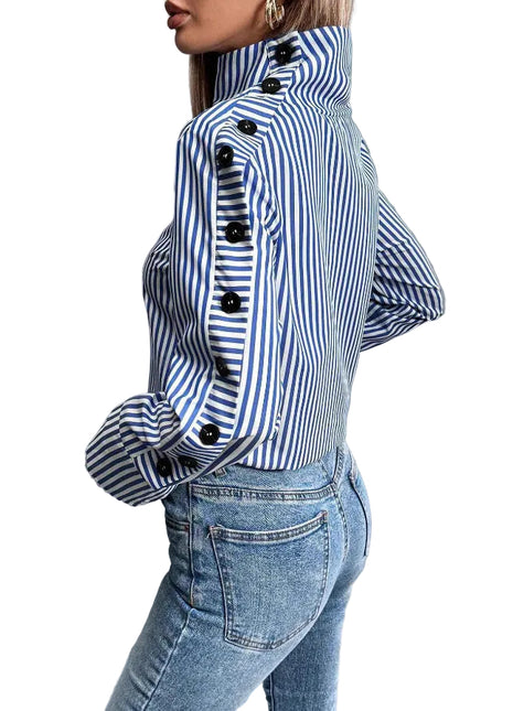 Classic blue striped commuter blouse with long sleeves, perfect for office and casual everyday wear.