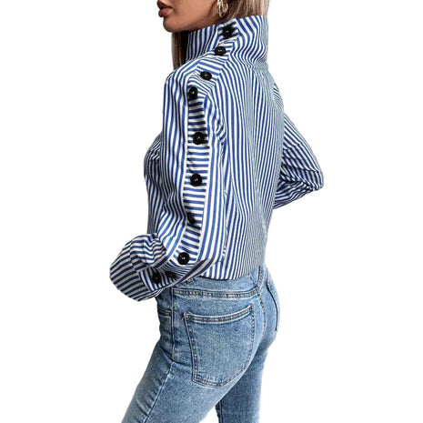 Classic blue striped commuter blouse with long sleeves, perfect for office and casual everyday wear.