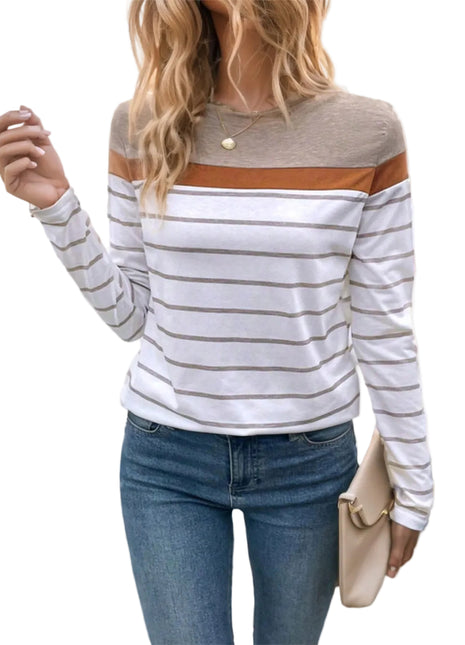 Classic striped long sleeve T-shirt for women paired with jeans for a timeless everyday outfit.