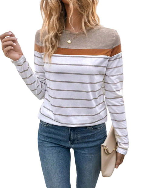 Classic striped long sleeve T-shirt for women paired with jeans for a timeless everyday outfit.