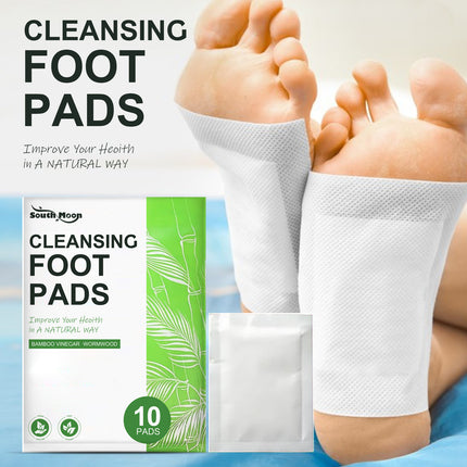 Cleansing foot pads with packaging and a person wearing them on feet.