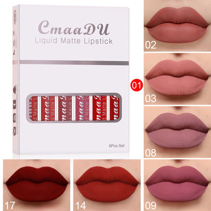 CmaaDU liquid matte lipstick set with packaging and color swatches on a beige background