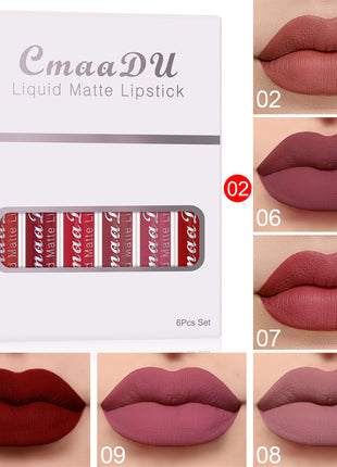 CmaaDU liquid matte lipstick set with packaging and color swatches on a beige background