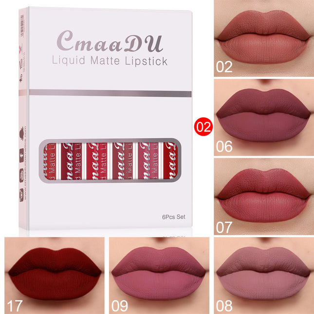 CmaaDU liquid matte lipstick set with packaging and color swatches on a beige background