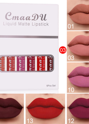 CmaaDU liquid matte lipstick set with packaging and color swatches on a beige background