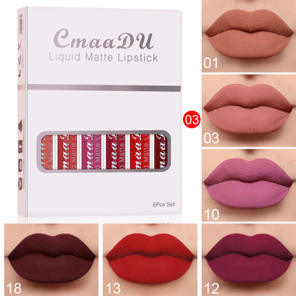 CmaaDU liquid matte lipstick set with packaging and color swatches on a beige background