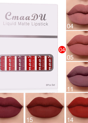 CmaaDU liquid matte lipstick set with packaging and color swatches on a white background