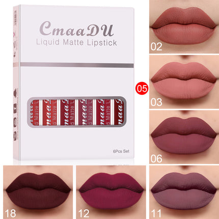 CmaaDU liquid matte lipstick set with packaging and color swatches on a beige background