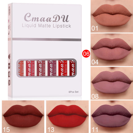CmaaDU liquid matte lipstick set with packaging and color swatches on a beige background