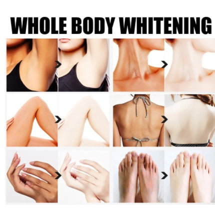 Collage of body parts with text 'Whole Body Whitening' on a white background