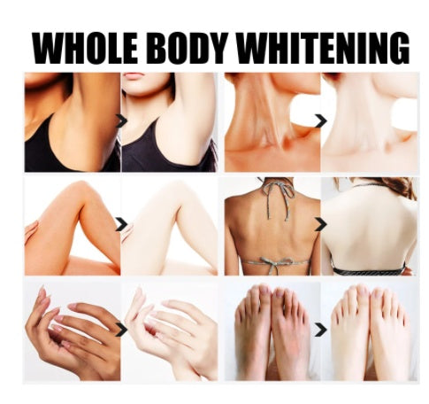 Collage of body parts with text 'Whole Body Whitening' on a white background