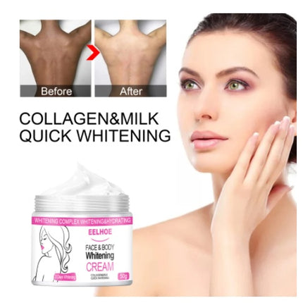 Collagen and milk quick whitening cream with a woman applying it to her face, showing before and after effects.