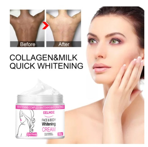 Collagen and milk quick whitening cream with a woman applying it to her face, showing before and after effects.