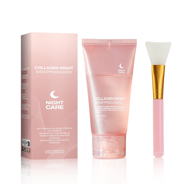 Collagen night wrapping mask set with packaging, tube, and applicator on a white background