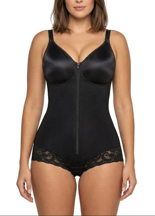 Colombian-style full body faja featuring tummy control panels, lace trim details, and adjustable shoulder straps.