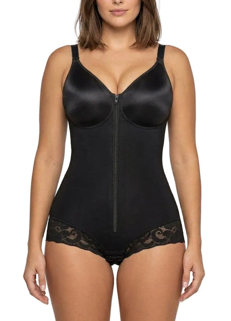 Colombian-style full body faja featuring tummy control panels, lace trim details, and adjustable shoulder straps.