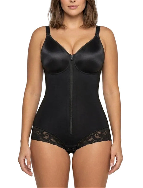 Colombian-style full body faja featuring tummy control panels, lace trim details, and adjustable shoulder straps.