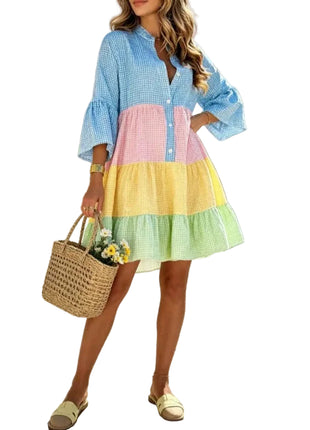 Color-Block Plaid Patchwork Shirt Dress with Flared Sleeves & Tiered Midi Skirt blue pink yellow green