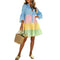 Color-Block Plaid Patchwork Shirt Dress with Flared Sleeves & Tiered Midi Skirt blue pink yellow green