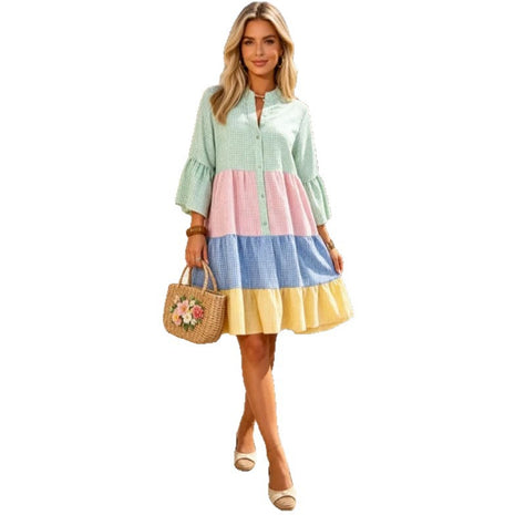 Color-Block Plaid Patchwork Shirt Dress with Flared Sleeves & Tiered Midi Skirt green pink blue yellow