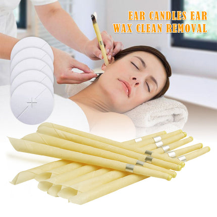 Person receiving ear candling treatment with ear candles displayed below.