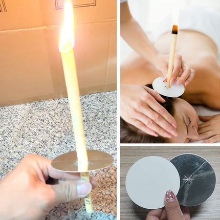 Collage of a candle being lit, hands using a tool on a small disc, and a hand holding two discs.
