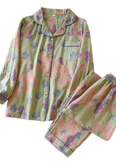 Green Cotton Gauze Long Sleeve Sleepwear