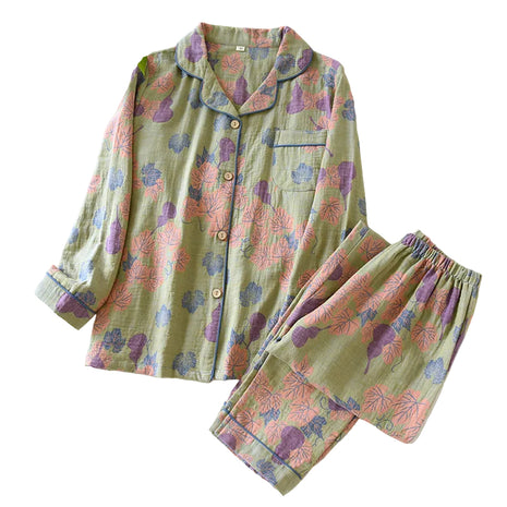 Green Cotton Gauze Long Sleeve Sleepwear