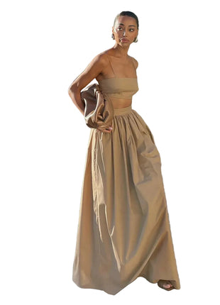 Sleeveless Cotton Top with Flowing Long Skirt in Khaki