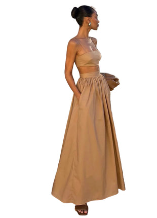 Versatile Cotton Sleeveless Top and Long Skirt Co-Ord Khaki Set