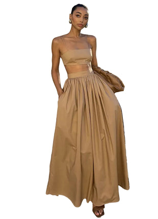Women's Cotton Sleeveless Top and Long Skirt Set in Khaki