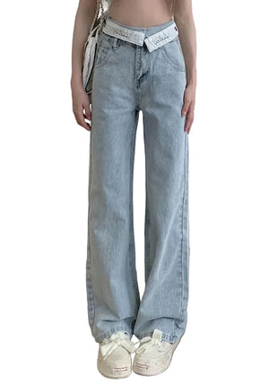 Women’s cotton straight-leg jeans with high waist design and modern wide-leg fashion style.