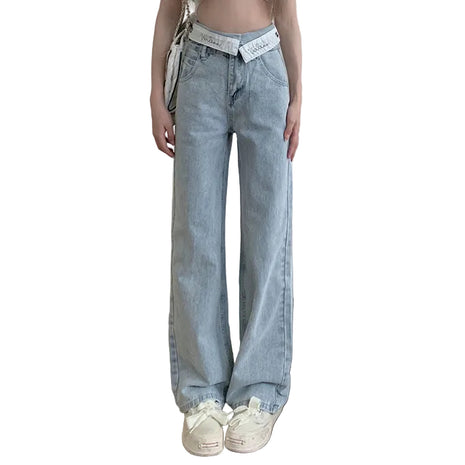 Women’s cotton straight-leg jeans with high waist design and modern wide-leg fashion style.