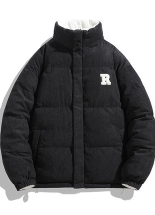 Black puffer jacket with a white logo on a white background