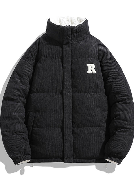 Black puffer jacket with a white logo on a white background