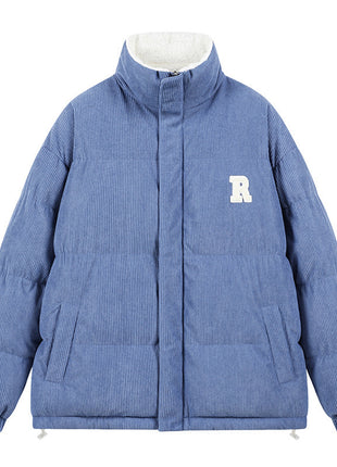 Blue corduroy jacket with a white 'R' logo on a white background