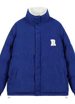 Blue jacket with a white 'R' logo on a white background