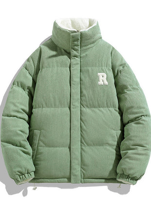 Green puffer jacket with a logo on a white background