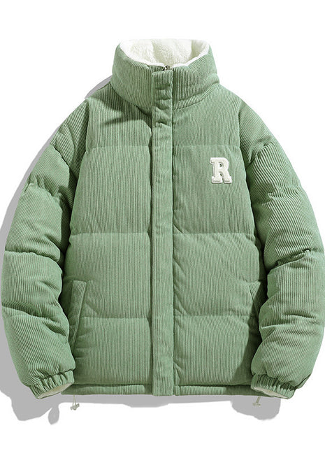 Green puffer jacket with a logo on a white background