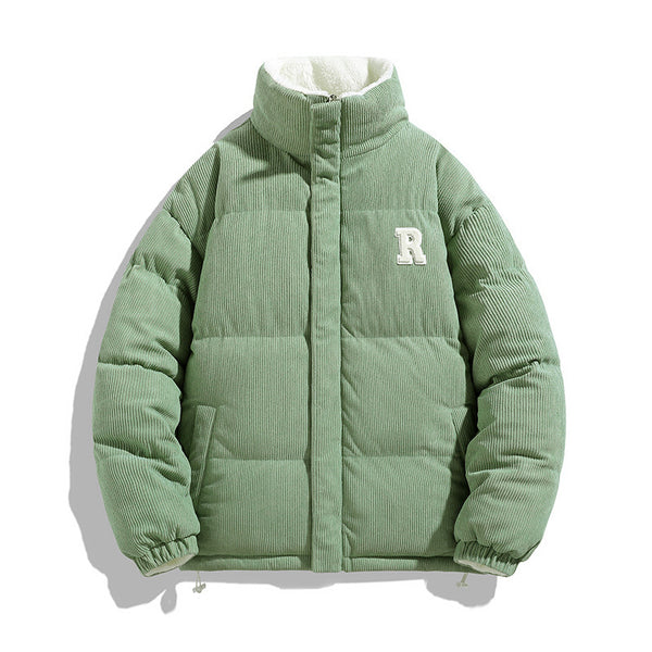 Green puffer jacket with a logo on a white background