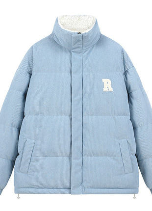 Light blue puffer jacket with a white 'R' logo on a white background